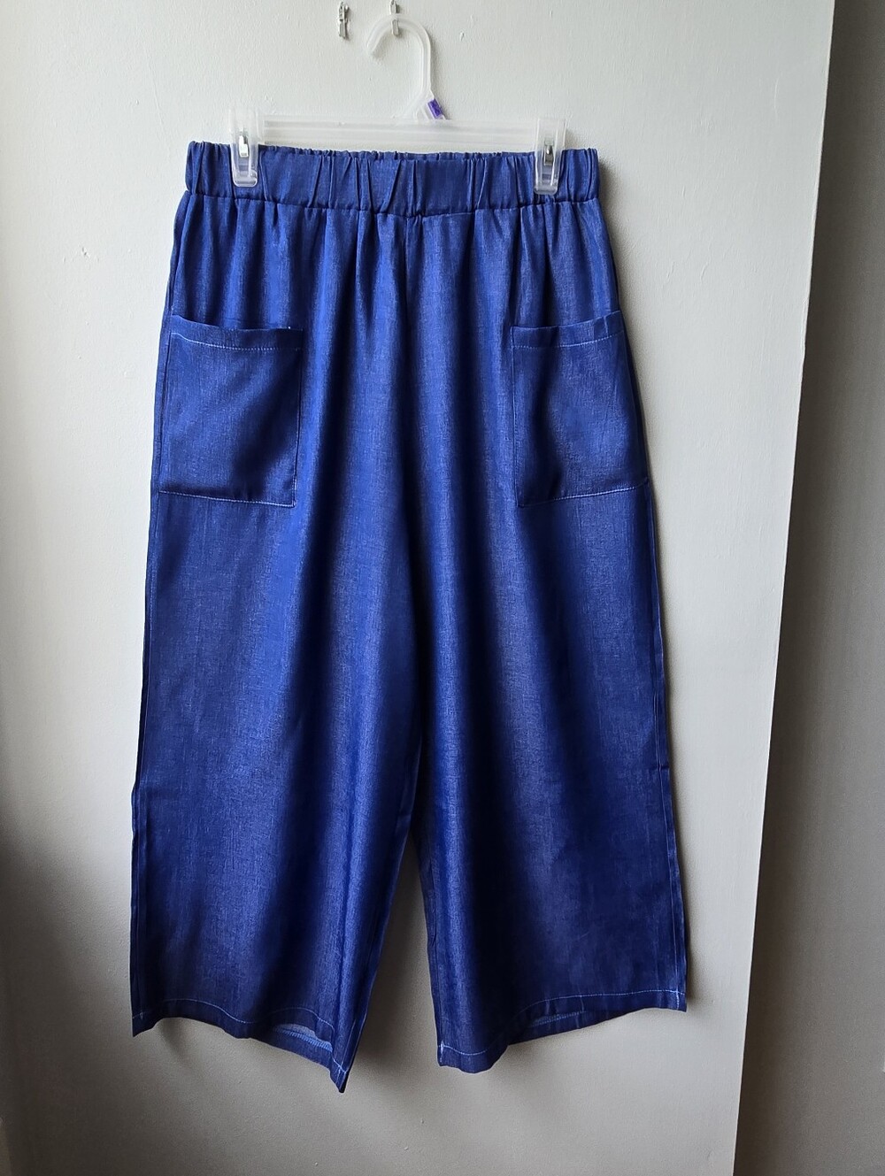 Wide Leg Pants Culottes Elastic Waist Blue Soft Flowy Feel Flaws Casual Travel